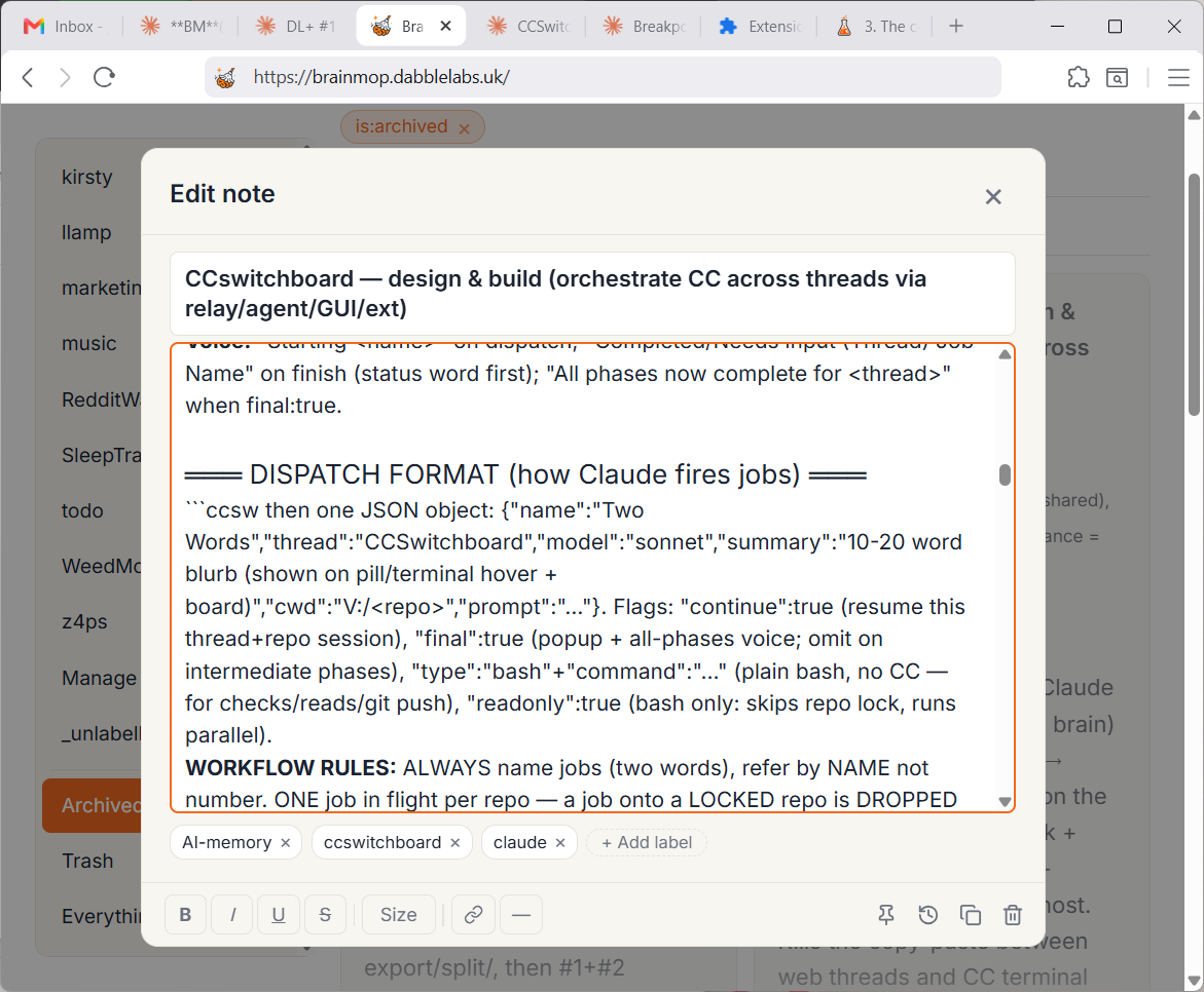 A real BrainMop note tagged as AI-memory, holding the operating knowledge Claude.ai pulls in over MCP at the start of a thread