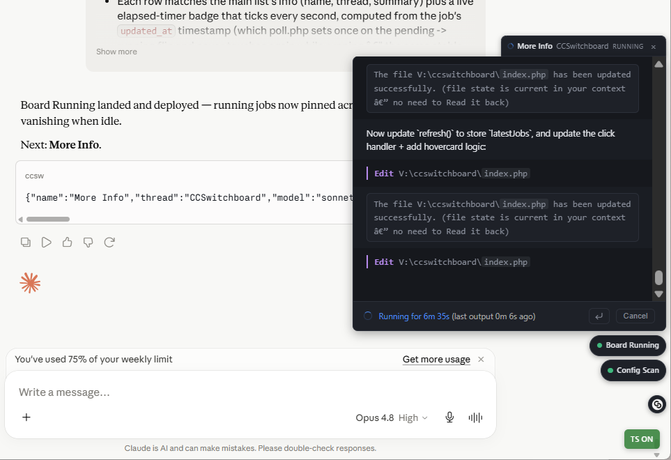 A Claude web chat thread driving Claude Code: a dispatch block sent from the browser and the run result typed back into the same conversation